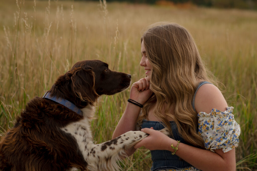 Teen girl holding paws with her family dog in a golden field during a fall family mini session in Castle Rock, Colorado.
